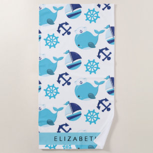 Serviette De Plage Motif De Baleines, Baleines Bleues, Votre Nom