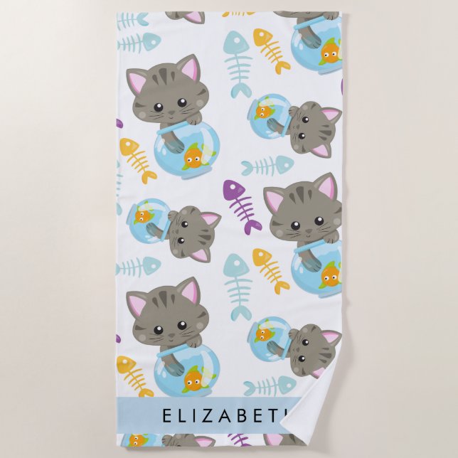 Serviette De Plage Motif De Chats, Chats Mignons, Chatons, Votre Nom (Devant)