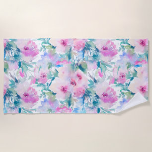 Serviette De Plage Motif de collage de fleurs rose et bleue