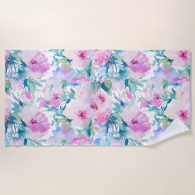 Serviette De Plage Motif de collage de fleurs rose et bleue (Devant)