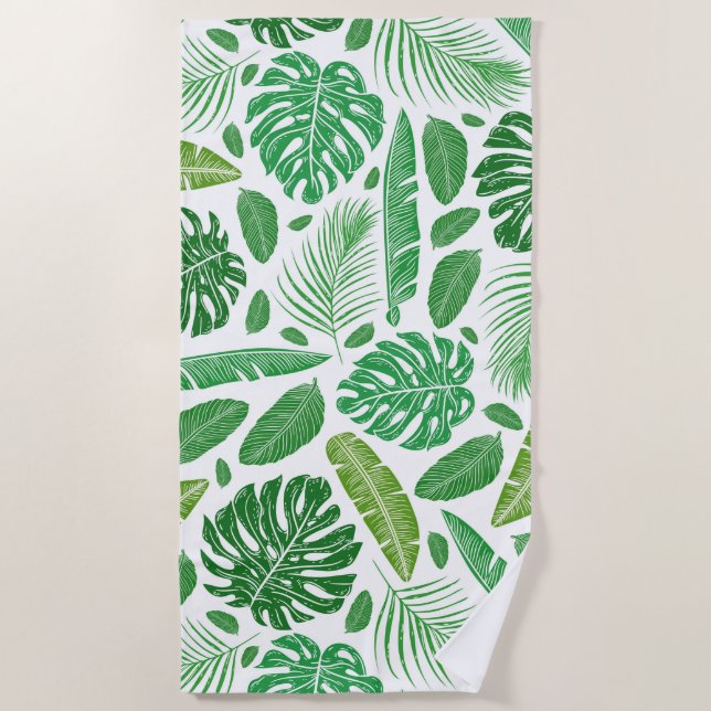 Serviette De Plage Motif de feuilles tropicales vertes et blanches (Devant)