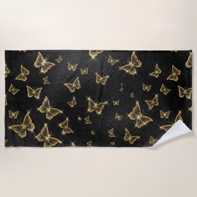 Serviette De Plage Motif de glam or et papillons noirs (Devant)