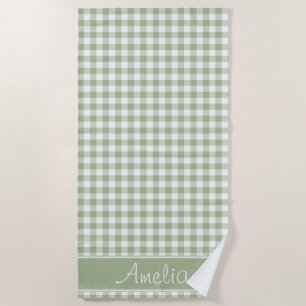 Serviette De Plage Motif de guingan de vert sauge personnalisé