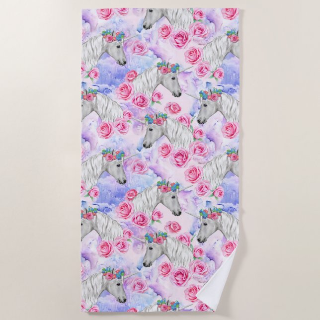 Serviette De Plage Motif de licornes et de roses (Devant)