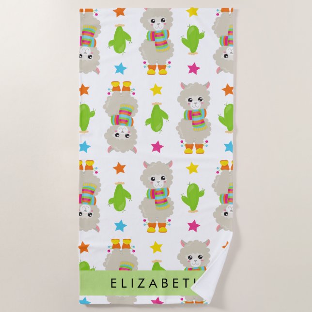 Serviette De Plage Motif De Llamas, Alpacas, Cactus, Votre Nom (Devant)