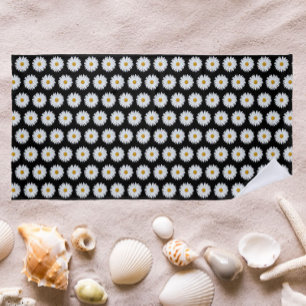 Serviette De Plage Motif de marguerite blanche sur fond floral noir
