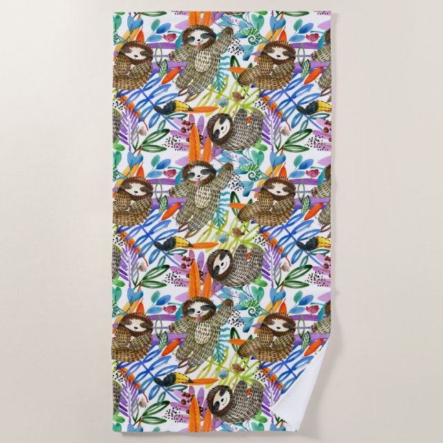 Serviette De Plage Motif de paresse d'aquarelle de bande dessinée (Devant)