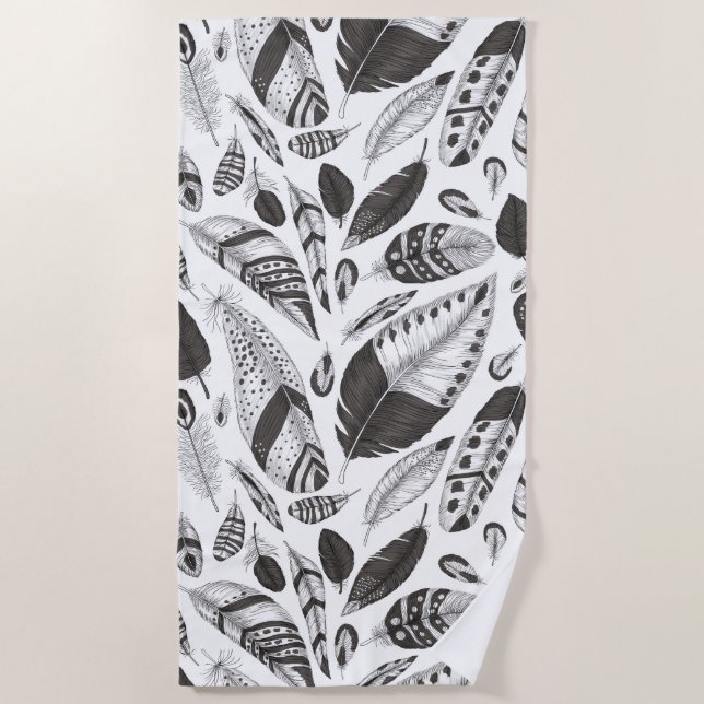 Serviette De Plage Motif de plumes noir et blanc (Devant)