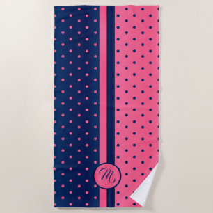 Serviette De Plage Motif de points Polka de Monogramme Hot Pink et Na