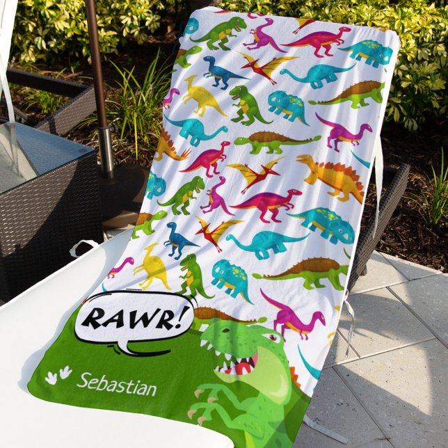 Serviette De Plage Motif Dinosaure coloré avec le nom T-Rex Green (Créateur téléchargé)
