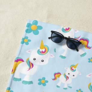 Serviette De Plage Motif D'Unicornes, De Mignons Unicornes, Fleurs