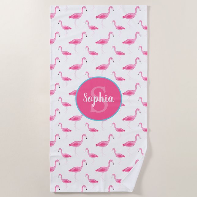 Serviette De Plage Motif Flamingo de couleur d'eau - Monogramme perso (Devant)