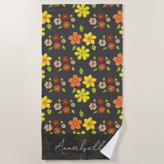 Serviette De Plage Motif Fleur Retro Boho Personnalisé (Devant)