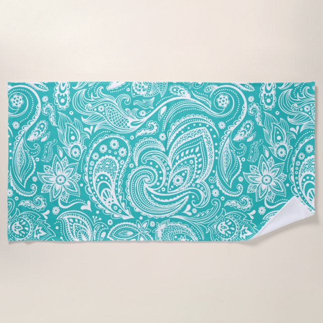 Serviette De Plage Motif Floral Blanc Et Turquoise (Devant)