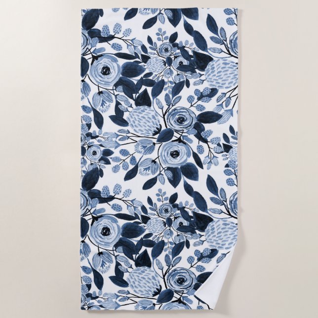 Serviette De Plage Motif floral bleu marine Pastel (Devant)