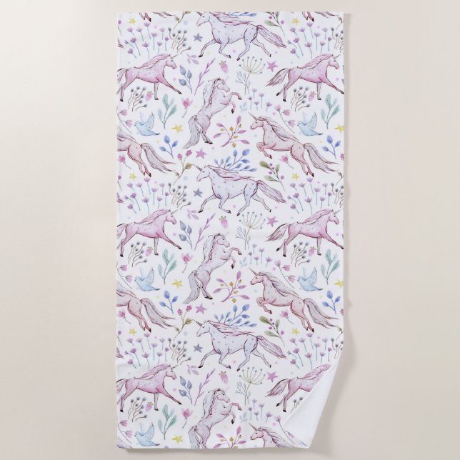 Serviette De Plage Motif floral de licorne d'aquarelle (Devant)