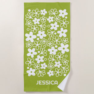 Serviette De Plage Motif fou de marguerite en vert printemps avec nom