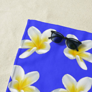 Serviette De Plage Motif Frangipani Bleu Et Jaune,