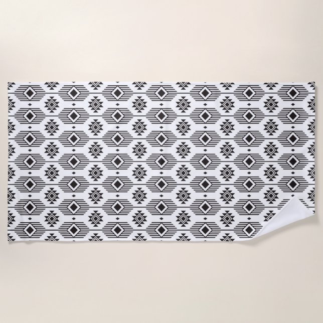 Serviette De Plage Motif géométrique ikat ethnique noir et blanc (Devant)