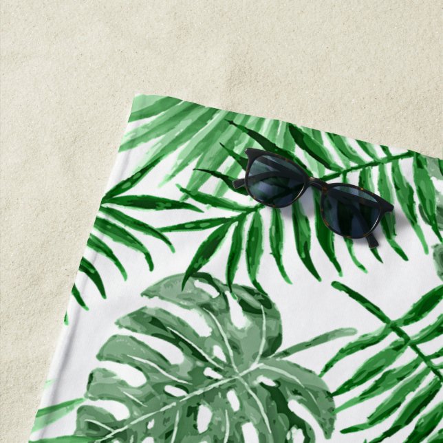 Serviette De Plage Motif Hip Retro Tropical Green Palm Leafs (En situation)
