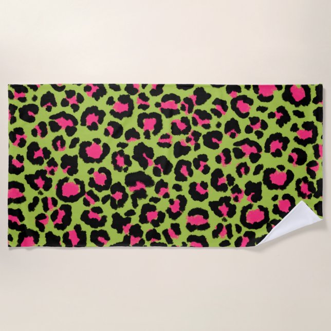 Serviette De Plage Motif léopard en framboise sur Lime Green (Devant)