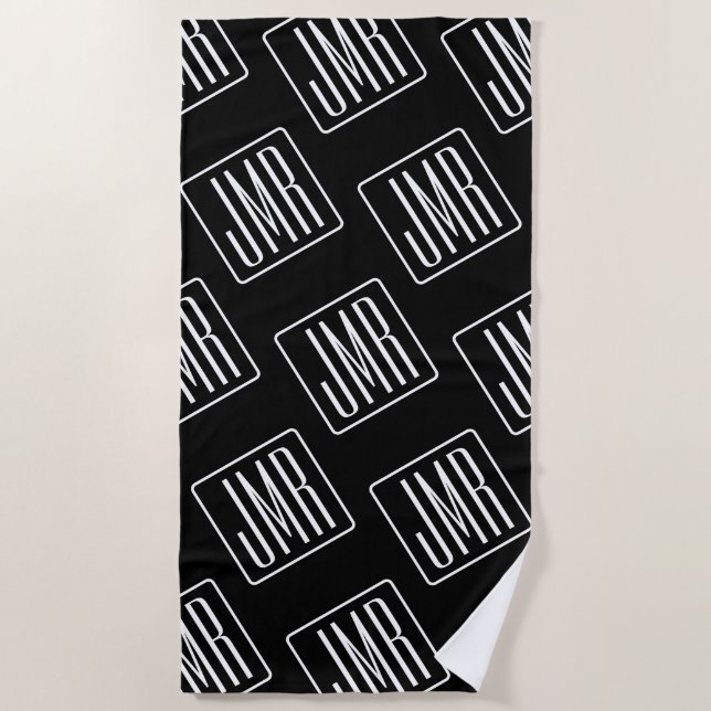 Serviette De Plage Motif monogramme moderne | Noir & Blanc (Devant)