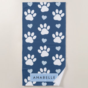 Serviette De Plage Motif Paw, Paws Blancs, Coeurs Bleus, Votre Nom