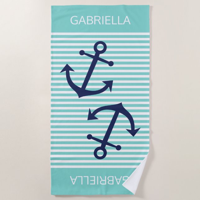 Serviette De Plage Motif personnalisé Aqua Turquoise White Preppy Str (Devant)