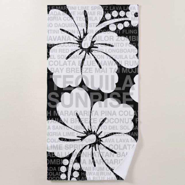 Serviette De Plage Mots d'été Cocktails et Hibiscus - Noir (Devant)
