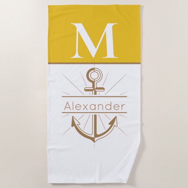 Serviette De Plage Moutarde côtière Ancre jaune Monogramme nautique (Devant)