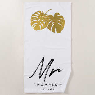 Serviette De Plage Mr Modern Gold Monstera Feuille Tropical Script Be