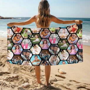 Serviette De Plage Multi Photo Collage Simple Moderne Hexagon Motif