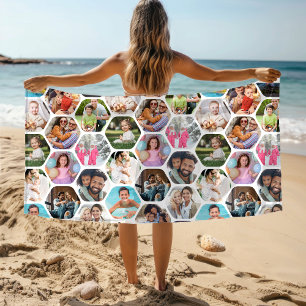 Serviette De Plage Multi Photo Collage Simple Moderne Hexagon Motif