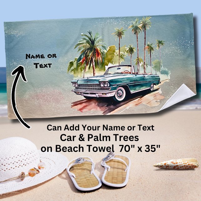 Serviette De Plage Name, Old Blue Car with Palm Trees (Créateur téléchargé)