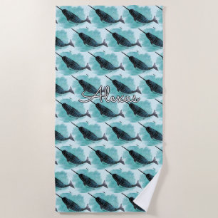 Serviette De Plage Narwhal sur Turquoise Aquarelle Coeur Personnalisé
