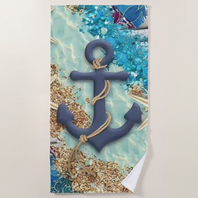 Serviette De Plage Nautical Beach Towel with Blue Anchor  (Devant)