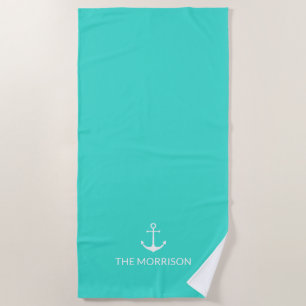 Serviette De Plage Nautical Custom Boat Name ancre blanche turquoise