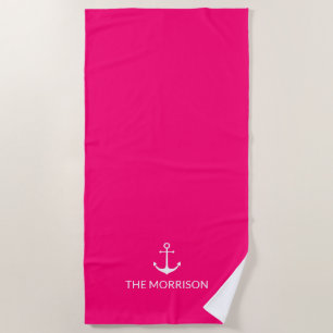 Serviette De Plage Nautical Custom Boat Name ancre fuchsia rose chaud