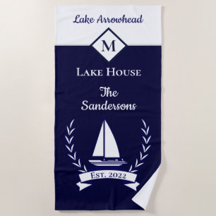 Serviette De Plage Nautical Dark Navy Bleu Blanc Monogramme Maison du
