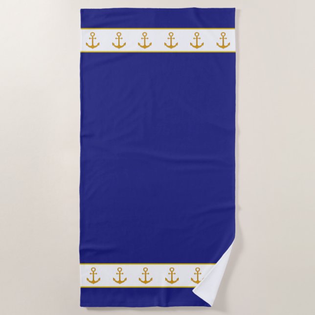 Serviette De Plage Nautical, Elegant Golden Anchors on Navy Blue (Devant)