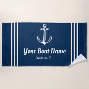 Serviette De Plage Nautical Navy Blue Custom Boat Name