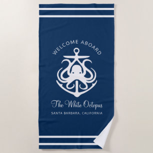 Serviette De Plage Nautical Navy Blue Custom Boat Name Ancre Octopus
