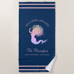 Serviette De Plage Nautical Navy Blue Custom Name Mermaid Beach Towel