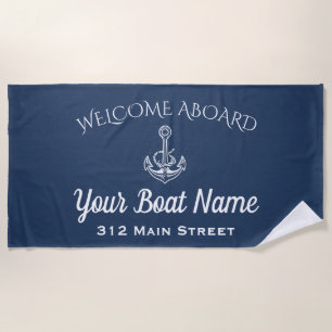 Serviette De Plage Nautical Navy Blue Welcome Aboard Ancre Nom du bat