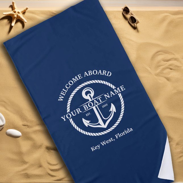 Serviette De Plage Nautical Navy Blue Welcome Aboard Nom du bateau An (Nautical Navy Blue Welcome Aboard Boat Name Anchor Beach Towel)