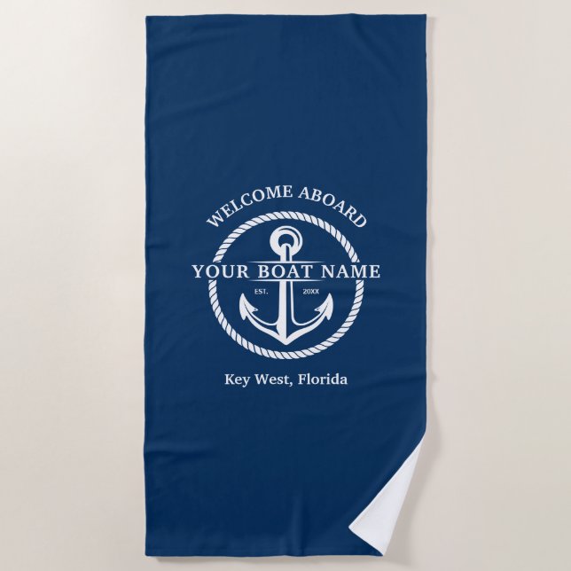 Serviette De Plage Nautical Navy Blue Welcome Aboard Nom du bateau An (Devant)