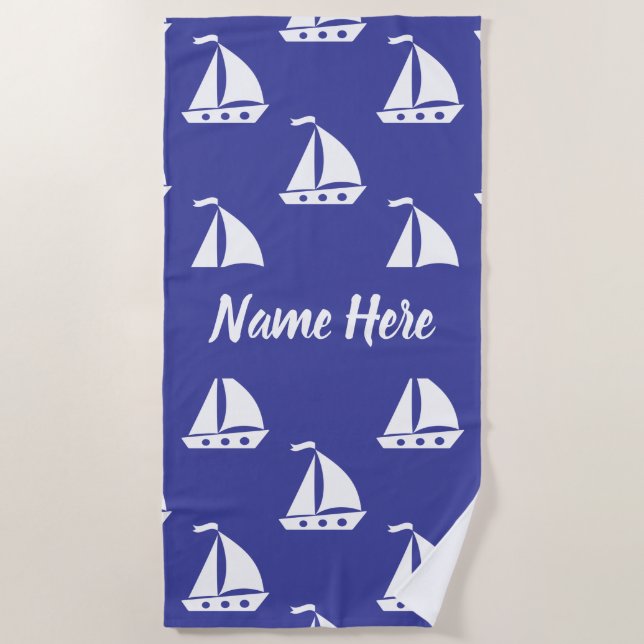 Serviette De Plage nautique bleu personnalisé avec nom personnalisé (Devant)
