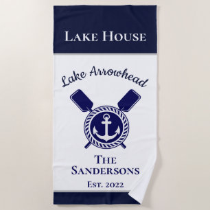 Serviette De Plage Nautique moderne Marine Bleu Monogram Lake House