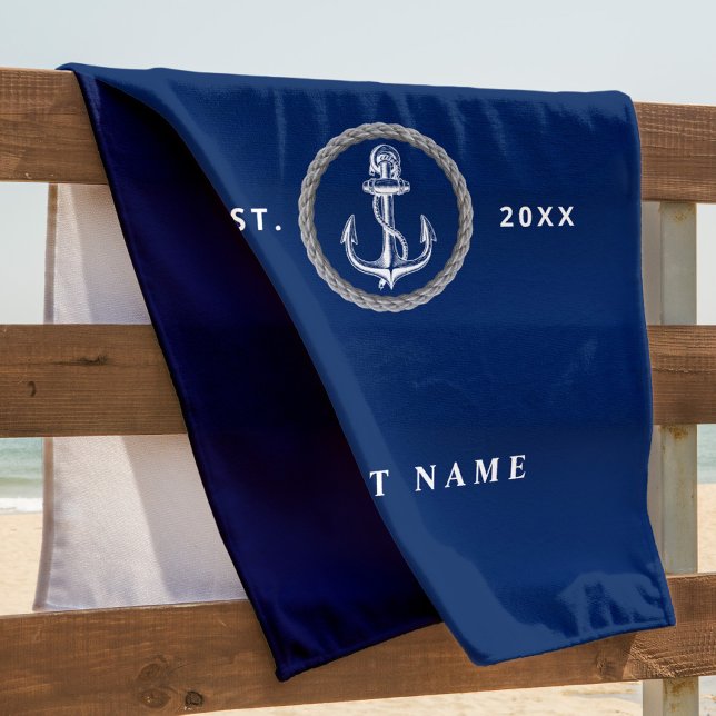Serviette De Plage Nautique nom de bateau ancre marine bleu (Créateur téléchargé)