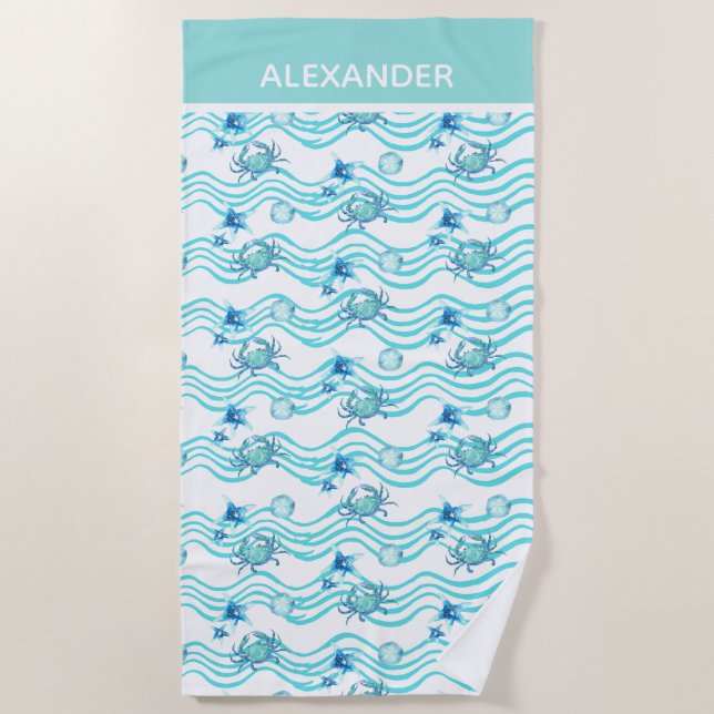 Serviette De Plage Nautique Turquoise Blue Sea Life Crab Starfish (Devant)